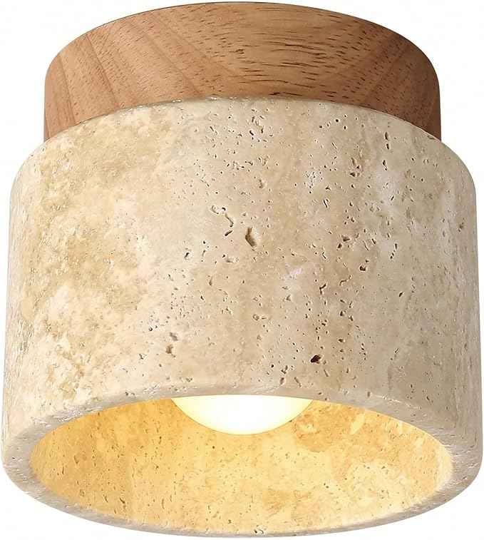 Flush Mount Ceiling Light, Travertine Stone Lamp with Beige Shade, Minimalist Surface Mount Fixture for Hallway, Balcony, Bedroom, Entryway, Corridor, Apartment, Home Decor Residential(Small)
