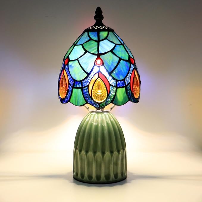 Tiffany Lamp Stained Glass Mushroom Table Lamps 6X6X12.5 Inch Sea Blue Peacock Tail Style Small Night Light Ceramic Base Mini Accent Desk Light Suitable for Bedside Table Bedroom Children Room