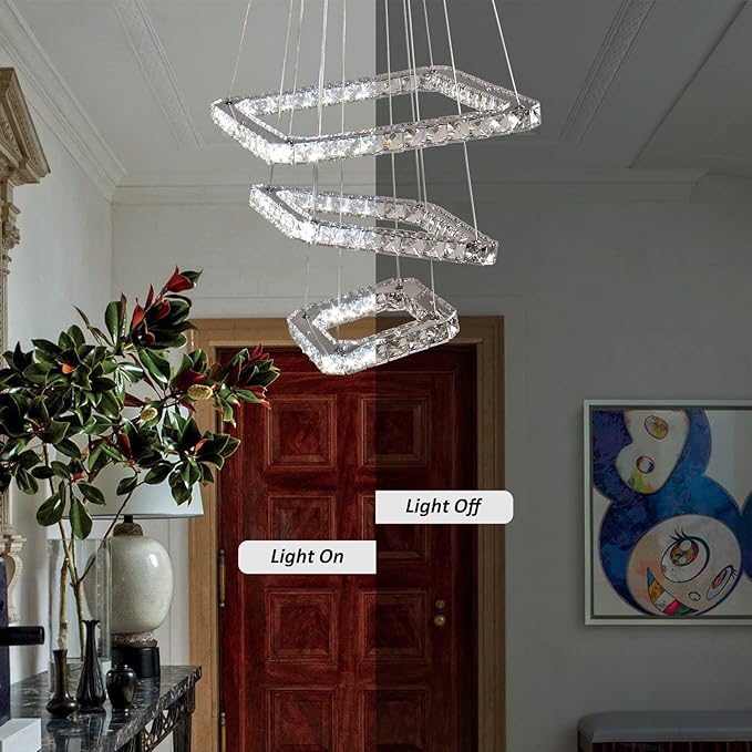 Modern Crystal Chandelier LED Ceiling Light, Square 3-Ring Design, Ultra-Bright 47W Cool White 6000K, Height Adjustable K9 Crystal Pendant Lighting for Dining Room, Living Room, Bedroom, Foyer