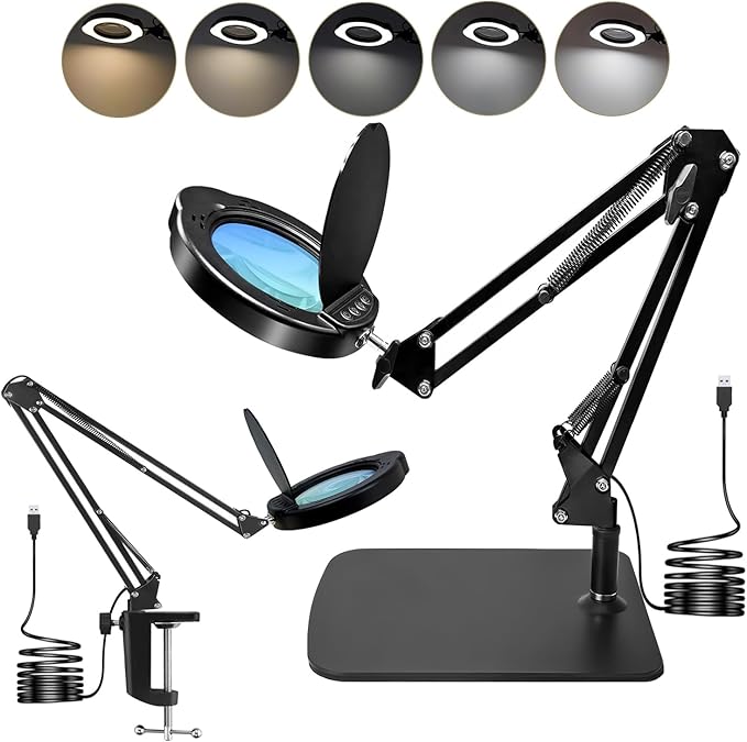15X Magnifying Glass Desk Lamp with Clamp and Base, Real Glass Lens, 84 LEDs, 5 Color Modes Dimmable, Led Lamp Magnifier with Dust Cover, Clean Cloth, Ideal Gift for Seniors, Crafters, Hobbyists - Aura Lighting