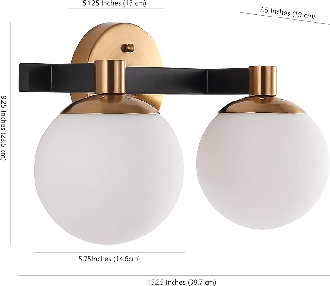 JONATHAN Y 5.75" Brass Gold/Black Modern Globe LED Vanity Wall Sconce Light, White Frosted Glass Shade, Mid-Century Art Deco Wall Lamp for Bathroom, Kitchen, Hallway (JYL3541A)