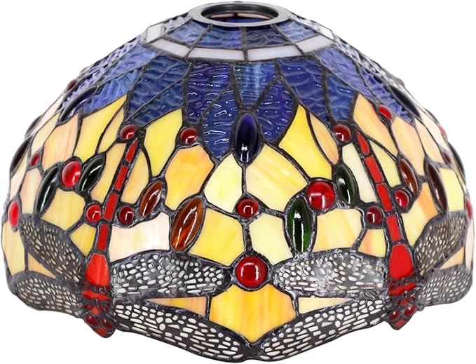 Tiffany Lamp Shade Replacement 12X6 Inch Stained Glass Lampshade Only 1-5/8-Inch Fitter Opening for Arched Floor Lamp, Torchiere Lamp, Pendant Light (Orange Blue Dragonfly)