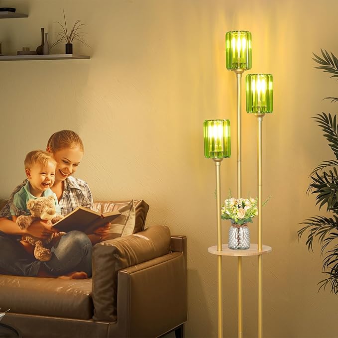HMVPL Gold Floor Lamp for Living Room, Vintage Floor Lamp with Wood Shelf, Mid Century Standing Lamp with Table, Modern Tall Lamp with Green Crystal Shade, On/Off Switch, Boho Corner Lamp for Bedroom - Aura Lighting