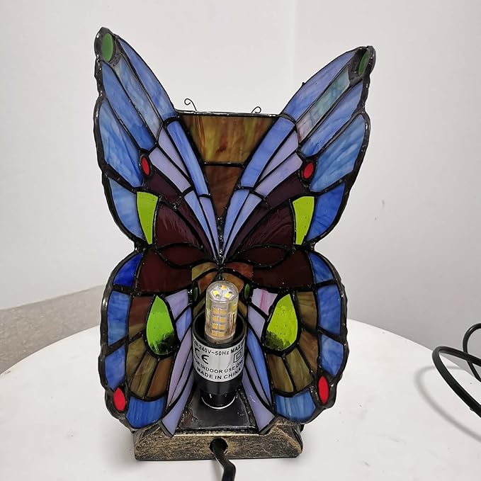 Bieye L10042 Butterfly Tiffany Style Stained Glass Accent Table Lamp Night Light for Bedside Bedroom Living Room (Multi-Colored E)