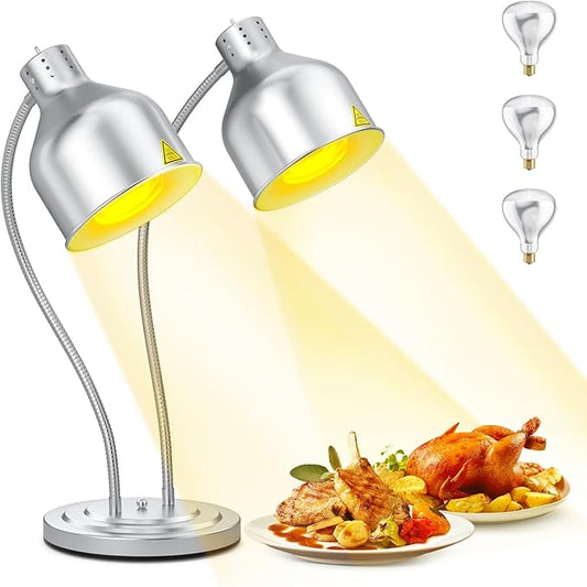 Food Heat Lamp, 500W Dual-Head Stainless Steel Commercial Food Warmer Lamp with 540° Rotation & 3Pcs Bulbs, Portable Warming Light for Restaurant Kitchen Buffet Counter Party Catering