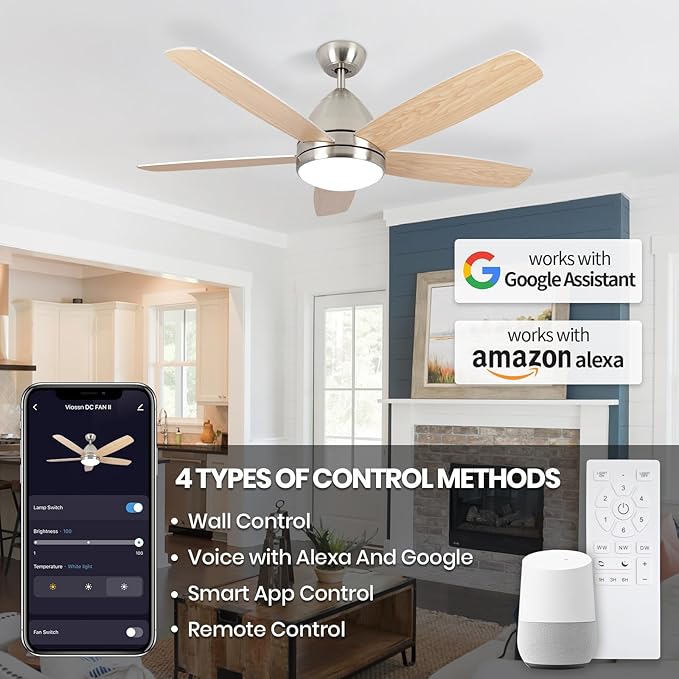 Smart Ceiling Fan with Light, Modern Nickel 52-Inch Outdoor Ceiling Fan and Remote/App, Dimmable Tri-Color LED and Reversible Motor for Indoor Bedroom/Outdoor Covered Patio - Aura Lighting