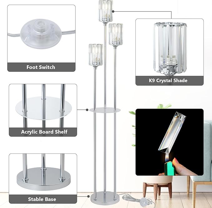 HMVPL Crystal Floor Lamps for Living Room, Modern Floor Lamp with Shelves, 3-Lights Standing Lamp with Crystal Shade, On/Off Foot Switch, Silver Corner Floor Lamp for Bedroom Living Room Office(66") - Aura Lighting