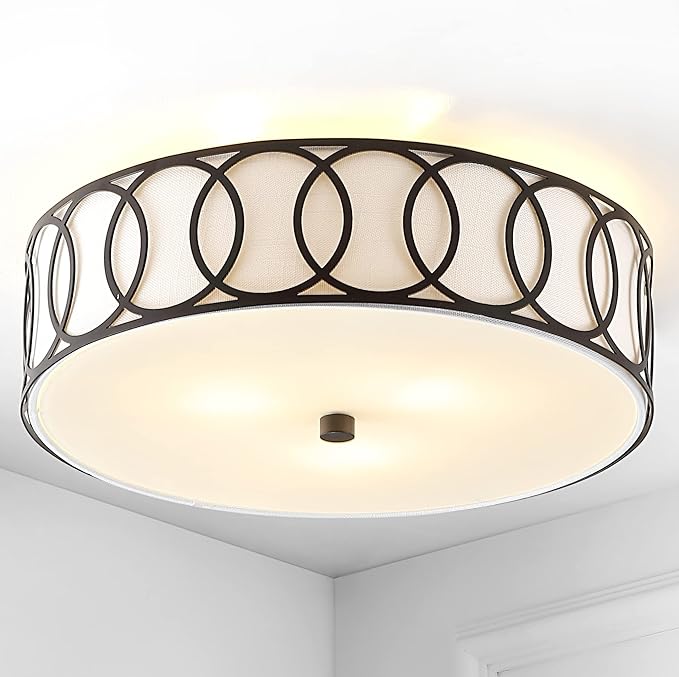 JONATHAN Y 12.25" Oil Rubbed Bronze Modern Metal LED Flush Mount Ceiling Light for Bedroom Hallway, White Linen Drum Shade with Geometric Fretwork, LED Bulbs Included (JYL3503C)