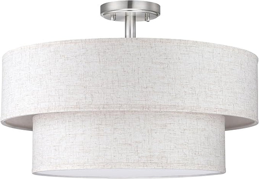2-Tier 18" Cream Drum Fabric 4 Light Brushed Nickel Semi Flush Mount Ceiling Light for Living Room Dining Room Bedroom Hallway - Aura Lighting
