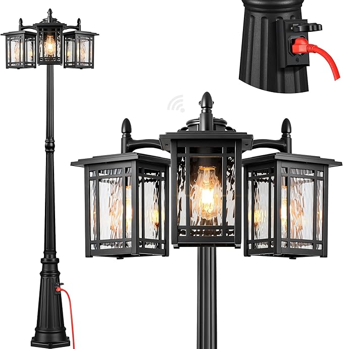 Outdoor Lamp Post Light Fixture, Black Dusk to Dawn Lamp Posts with Outlet, 3-Head Street Lamps Outdoor Lighting, Waterproof Outside Post Lights Hardwired, Anti-Rust Outside Pole Light for Yard