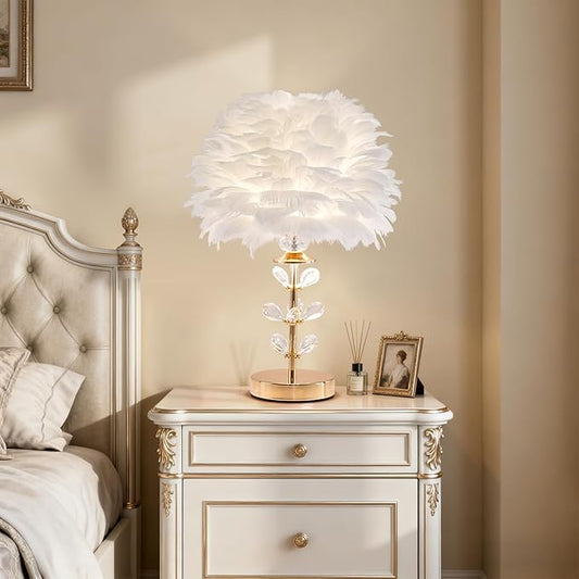 Chic White Feather Lamp Creative Fluffy Table Lamp Cute Kids Bedside Lamp Modern Feather Desk Light for Teen Girls Bedroom Living Room Entryway Study Room Wedding Deco - Aura Lighting