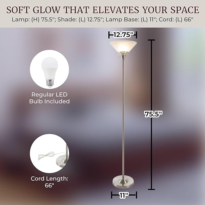 Torchiere Floor Lamp - Standing Bedroom Light with Sturdy Metal Base and Marbleized Glass Shade - LED Bulb Included by Lavish Home (Brushed Silver)