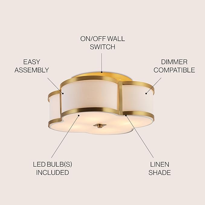 JONATHAN Y 13" Brass Gold Modern Scalloped LED Flush Mount Ceiling Light Fixture, White Linen Shade Quatrefoil Chandelier for Bedroom Living Room Kitchen Hallway Foyer (JYL9508B)
