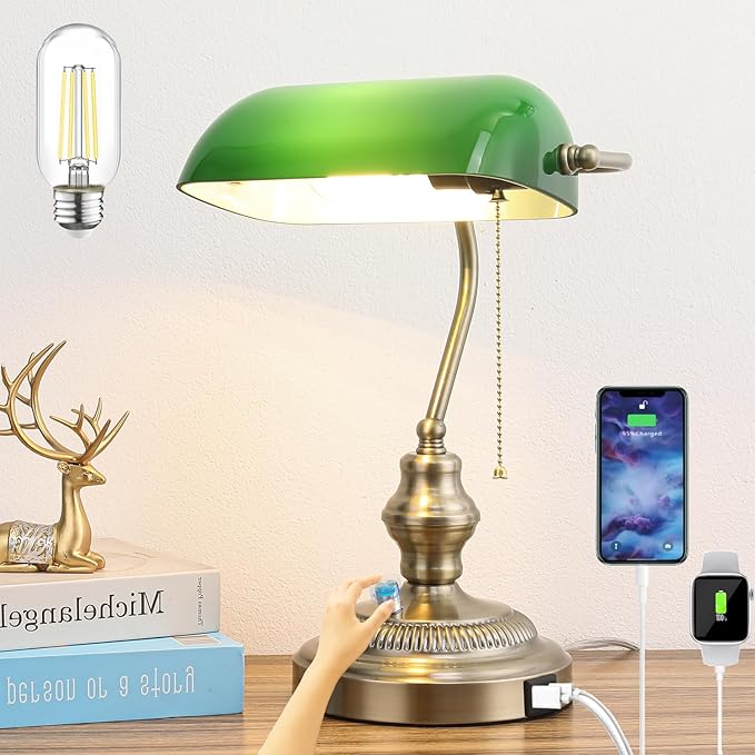 Rustic Banker's Desk Lamp Stepless Dimmable, Traditional Bankers Desk Lamp with USB Port and Outlet, Vintage Farmhouse Table Lamp for Home Office Library