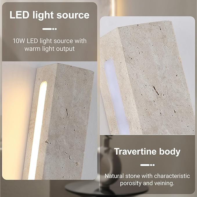 Rectangle Yellow Travertine Wall Sconce, Japanese Style Wabi-sabi Art Decor LED Lighting Fixtures, Vintage Long Marble Wall Light, Natural Stone Wall Lamp for Bedroom Hallway Hallway