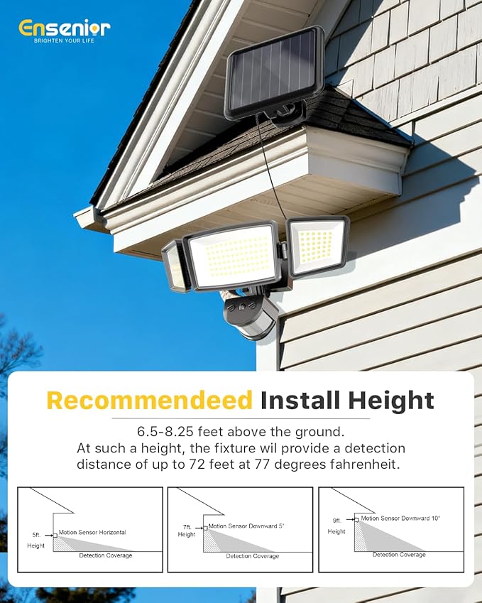 Ensenior 1800LM Solar Flood Lights Outdoor, Motion Sensor Outdoor Light 6500K, IP65 Waterproof, Separate Solar Panel, Solar Security Light with 5 Sensor Modes and 3 Adjustable Head for Yard (Black)