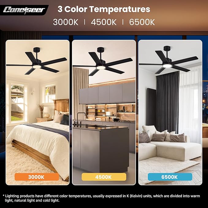 Modern Ceiling Fans with Lights,52 Inch Ceiling Fans with Remote for Bedroom Living Room Kitchen, 18W 3CCT Dimmable，5 Blades 6 Speed Reversible Quiet DC Motor Black