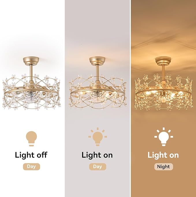 20 Inch Gold Caged Ceiling Fan with Light, Flower Chandelier Ceiling Fan with Lights Remote Control, Frower Crystal Fandelier 6 Speeds for Girl's Bedroom, Living Room