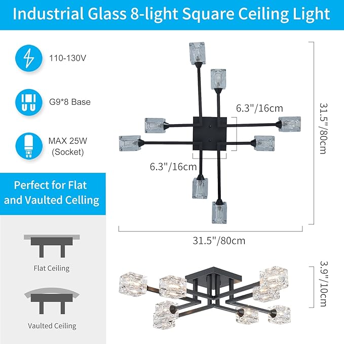 XINGQI Black Modern Sputnik Chandelier Semi Flush Mount Ceiling Light Glass 8-Lights Farmhouse Lighting Fixtures for Dining Room Living Room Kitchen Bedroom
