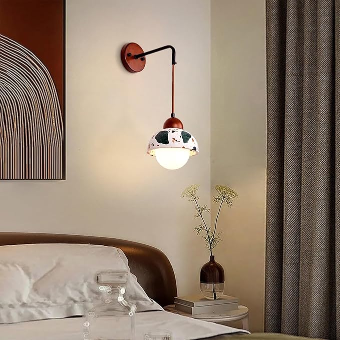 Mid Century Modern Hanging Wall Lamp, Wabi Sabi Terrazzo Wall Sconce, Handmade Natural Stone Wall Light Fixture, Adjustable Height, for Bedside Bedroom Living Room Hallway(A)