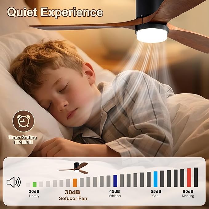 Sofucor 52 Inch Smart Ceiling Fans with Lights, Flush Mount Ceiling Fan with Lights Remote Control, Work with Alexa/Google/App, Quiet DC Motor, 3 Blade Solid Wood Ceiling Fan for Bedroom Kitchen Patio