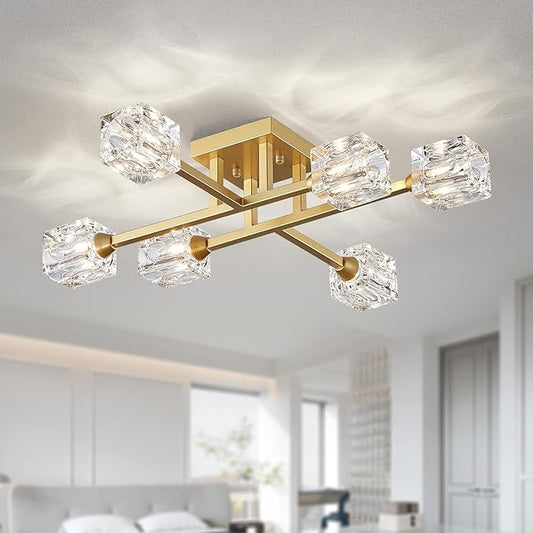 XINGQI Modern Ceiling Light Sputnik 6-Light Semi Flush Mount Ceiling Light Fixtures, Mid Century Antique Gold Chandeliers for Bedroom Dining Room Powder Room - Aura Lighting