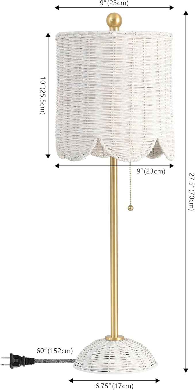 JONATHAN Y 27.5" White/Brass Gold Coastal Buffet Table Lamp Set of 2 for Bedroom, Boho Table Lamps with Natural Rattan Scalloped Shade, Pull Chain, LED Bulbs Included (JYL1138B-SET2)