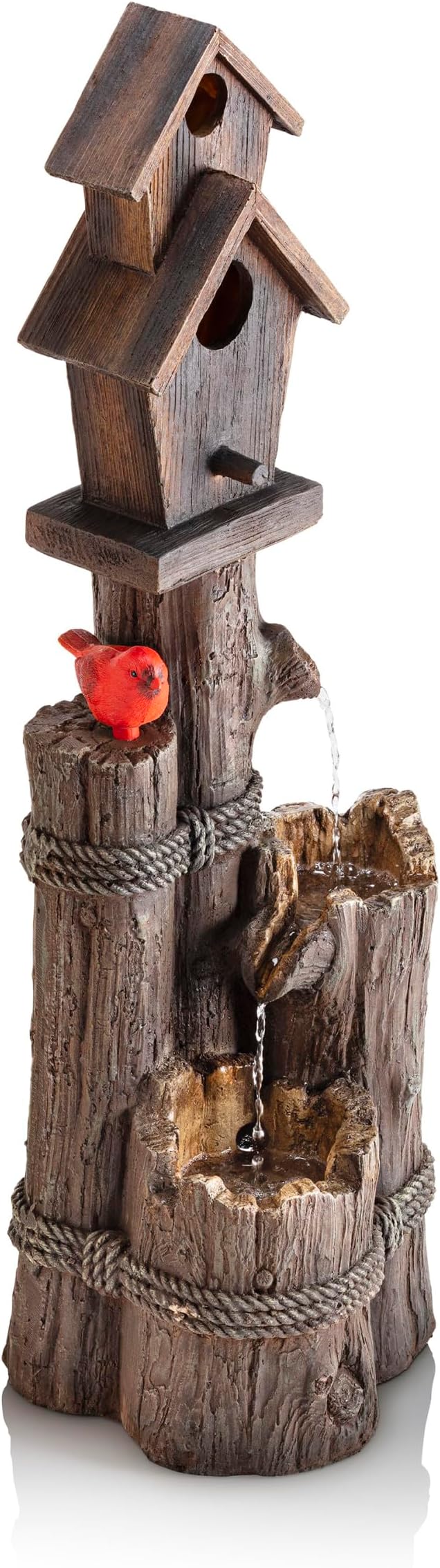 Alpine Corporation 35" Tall Outdoor 3-Tier Birdhouse Water Fountain with Cardinal Accent, Rustic Floor Decor for Garden and Patio, Brown