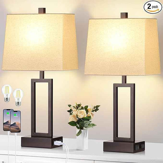 23.5" Touch Control Table Lamps, Metal Bedside Lamp for Bedroom Set of 2 with USB A+C Ports & AC Outlet, 3-Way Dimmable Nightstand Lamp for Living Room (LED Bulb Included)
