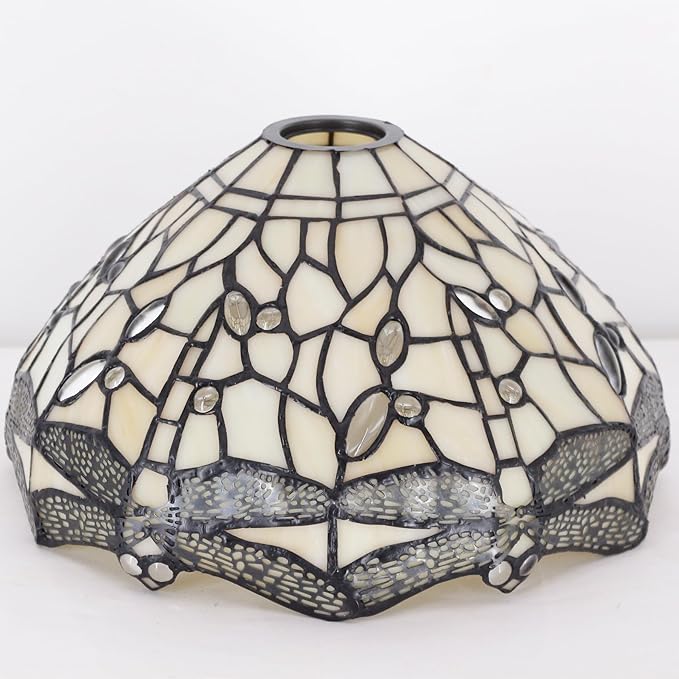 Tiffany Lamp Shade Replacement 12X6 Inch Stained Glass Lampshade Only 1-5/8-Inch Fitter Opening for Arched Floor Lamp, Torchiere Lamp, Pendant Light (Cream Color)