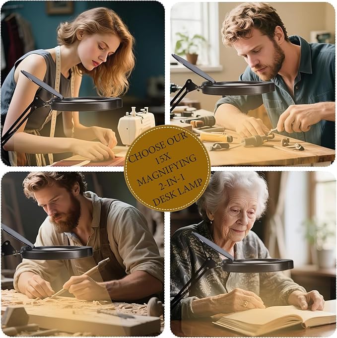 15X Magnifying Glass Desk Lamp with Clamp and Base, Real Glass Lens, 84 LEDs, 5 Color Modes Dimmable, Led Lamp Magnifier with Dust Cover, Clean Cloth, Ideal Gift for Seniors, Crafters, Hobbyists - Aura Lighting