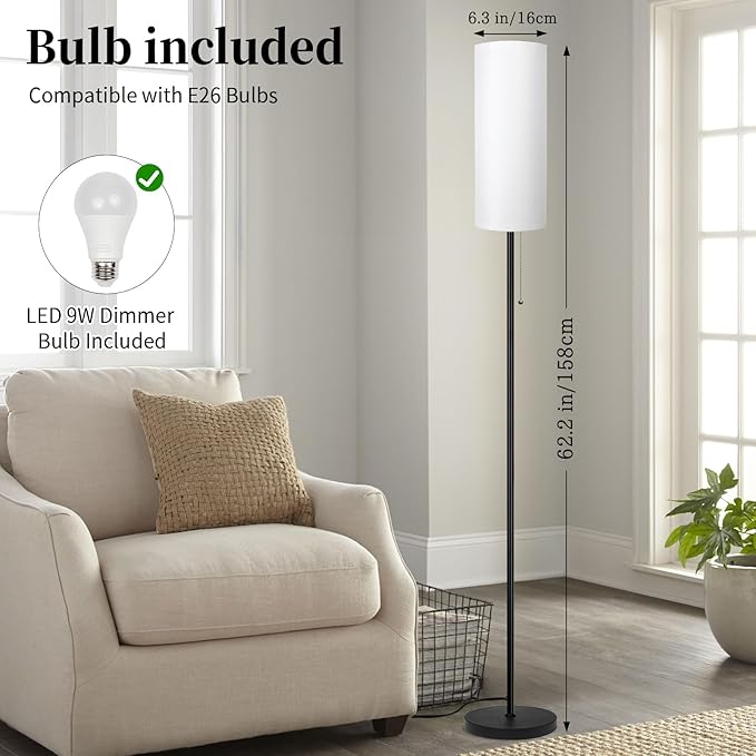 Floor Lamp for Living Room, Modern Standing Lamps with Lampshade, Minimalist Tall Lamp with Chain Switch for Living Room, Bedroom, Kids Room, Office,Standing Lamp LED Bulb Included (White Shade) - Aura Lighting