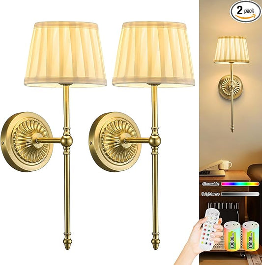 Cordless Wall Sconces Set of 2,10000mAh Battery Operated Wall Sconces Set of Two with RGB LED, Remote, Timer & Dimmable Fabric Gold Wall Lamps for Bedroom, Living Room, Hallway, Night Light (Gold) - Aura Lighting