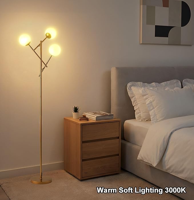 Fiqevs 3-Globe Floor Lamp - Adjustable Mid Century Modern Stand Lamp with Warm White LED Bulbs for Living Room, Bedroom - Antique Brass/Gold