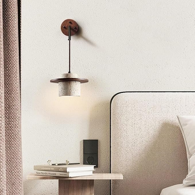 Japanese Wabi-sabi Style Natural Stone Wall Lamps Creative Vintage Beige Wall Light with E26/E27 Base Solid Wood Wall Sconces for Home Decoration Living Room Corridor Coffee Shop(Style 1)
