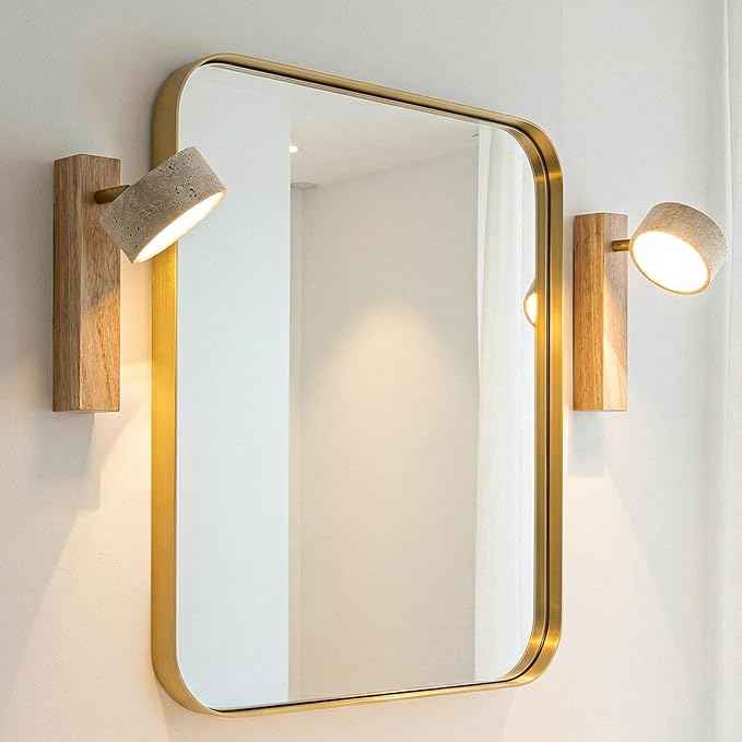 Natural Travertine Bathroom Vanity Light, 300° Swivel Japandi Ash Wood LED Wall Sconce, Warm Travertine Stone Farmhouse Mirror Lighting Fixtures, Modern Rustic Wall Lamp for Powder Room Bedroom(110V)