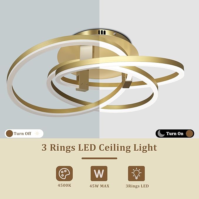 Maxax 23.5" Gold Led Ceiling Light Fixture, Modern 3 Rings Flush Mount Chandelier, Close to Ceiling Lamp for Bedroom Living Room Dining Room Kitchen, ETL Listed