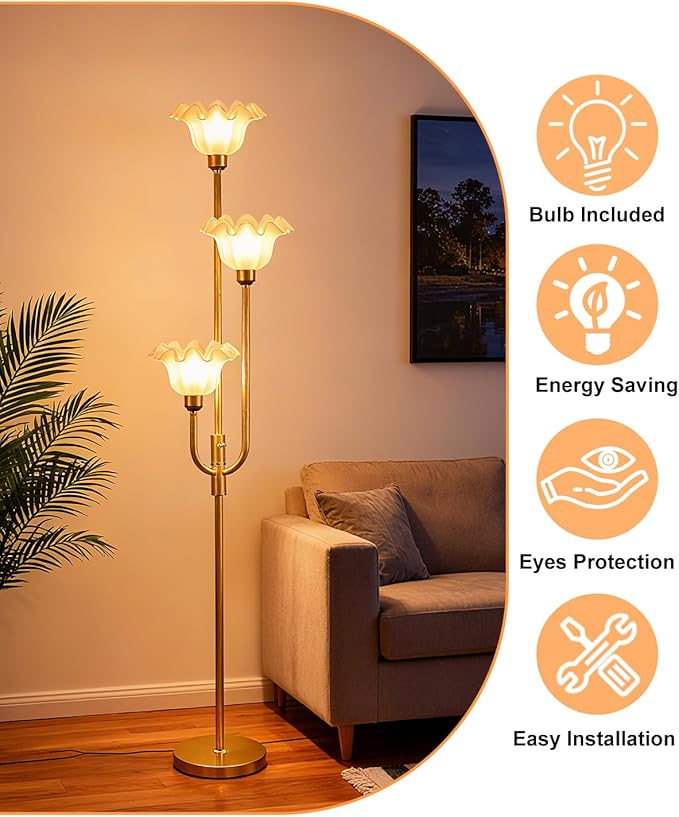 Lightdot 66IN Flower Floor Lamp 3-Lights Vintage Floor Lamps with 3000K Warm White Bulbs for Wedding Party Modern Tall Standing Lamp for Living Room/Bedroom