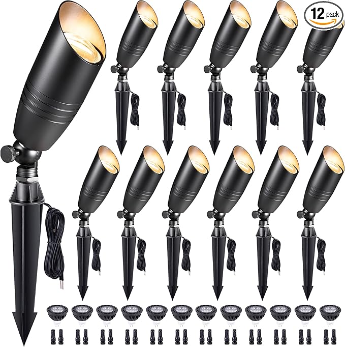 Gardenreet Die-Cast Brass Spot Light Outdoor - 12V LED Uplighting Waterproof, Low Voltage Landscape Lights Direct Wire, Black for Fence Fountain with Warm White MR16 Replaceable Bulbs (12 Pack) - Aura Lighting