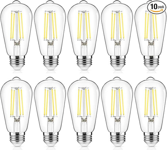 10-Pack Vintage Edison Bulbs 60W Equivalent, 850LM 6W LED Light Bulb Daylight White 5000K, ST58 Filament Lighting E26 Base, Non-Dimmable - Aura Lighting