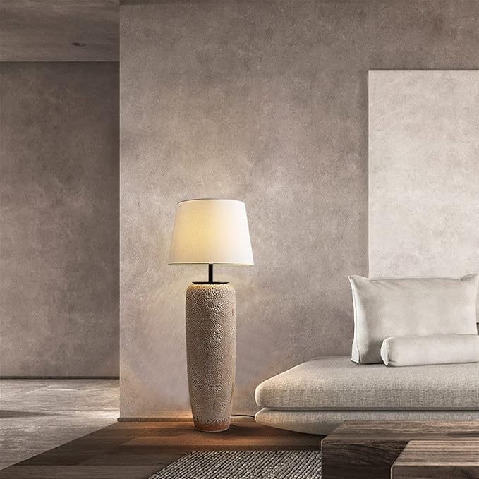 Floor Lamp Japanese Simple LED Floor Lamp Linen Shade Wabi-sabi Style Ceramic Standing Light for Home Hotel Villa Coffee Shop Decoration