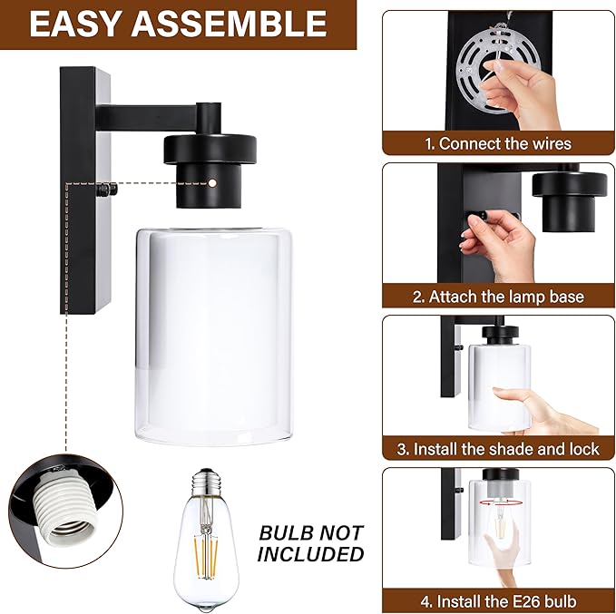 Pia Ricco Wall Sconces Set of Two, Hardwired Bathroom Wall Sconce with Double Glass Shade, Modern Bedside Wall Lamps, Farmhouse Vanity Light Black Wall Lights for Living Room, Bedroom, Hallway - Aura Lighting