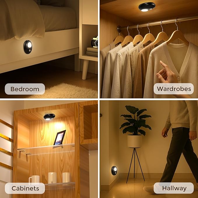 LightingWill Motion Sensor Puck Lights, Dimmable Under Cabinet Light, 3 Color Modes Closet Lights, Rechargeable Wireless Puck Lights for Kitchen, Closet, Stairs (6 Pack)