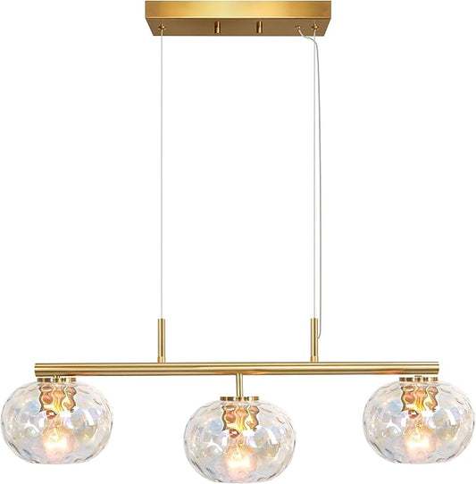 Brushed Brass Gold Chandelier Light Fixture with 7" Stained Glass Shade, 30" W Modern Pendant Lighting for Kitchen Island Dining Room