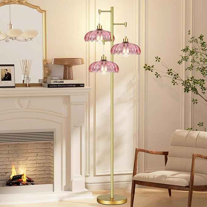 Pink Floor Lamp for Living Room,Bedroom,Gold Flower Mid Century Modern Standing Lamp Brass Tree 3 Light Tall Floor Lamps Vintage Floor Lights Glass Lamp Shade Farmhouse Boho Bohemian