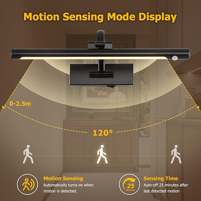 Wireless Picture Lights Battery Operated, Motion Sensor Black Art Lights Motion Activated Gallery Lighting Auto-Off Painting Lights for Portraits 16 Inch 3W Warm White