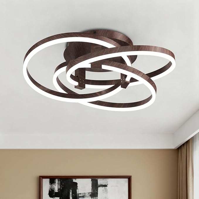 Maxax 23.5" Led Ceiling Light Fixture, Modern 3 Rings Flush Mount Chandelier, Close to Ceiling Lamp for Bedroom Living Room Dining Room Kitchen, ETL Listed, Walnut Color