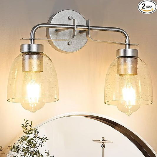 16 Inch Vanity Lights, 2-Light Silver Vintage Industrial Bathroom Light Fixtures with Bubble Glass Shade, Wall Sconce for Bathroom Mirror, Bedroom, Hallway (2 Pack)