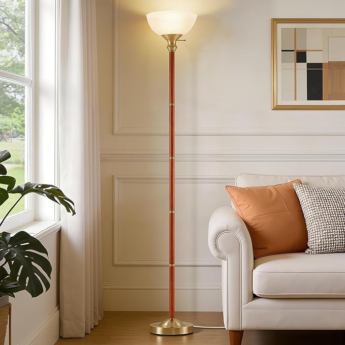 EJIAXIN Wood Floor Lamp for Living Room - Gold Standing Lamp with Glass Shade Torchiere Floor Lamps for Bedroom - Mid Century Modern Corner Tall Lamps for Home Office Nursery Industrial Reading Light