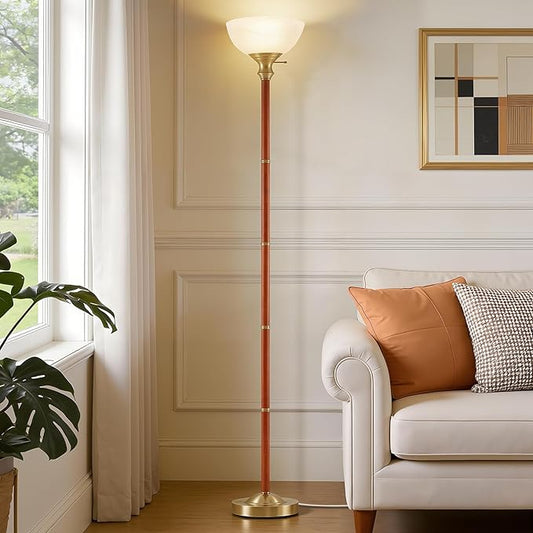 EJIAXIN Wood Floor Lamp for Living Room - Gold Standing Lamp with Glass Shade Torchiere Floor Lamps for Bedroom - Mid Century Modern Corner Tall Lamps for Home Office Nursery Industrial Reading Light